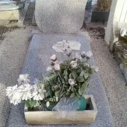 Ancienne tombe en granit ornée de fleurs artificielles dans un cimetière.