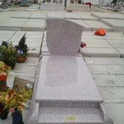 Monument funéraire en granit poli bicolore dans un cimetière paysager.